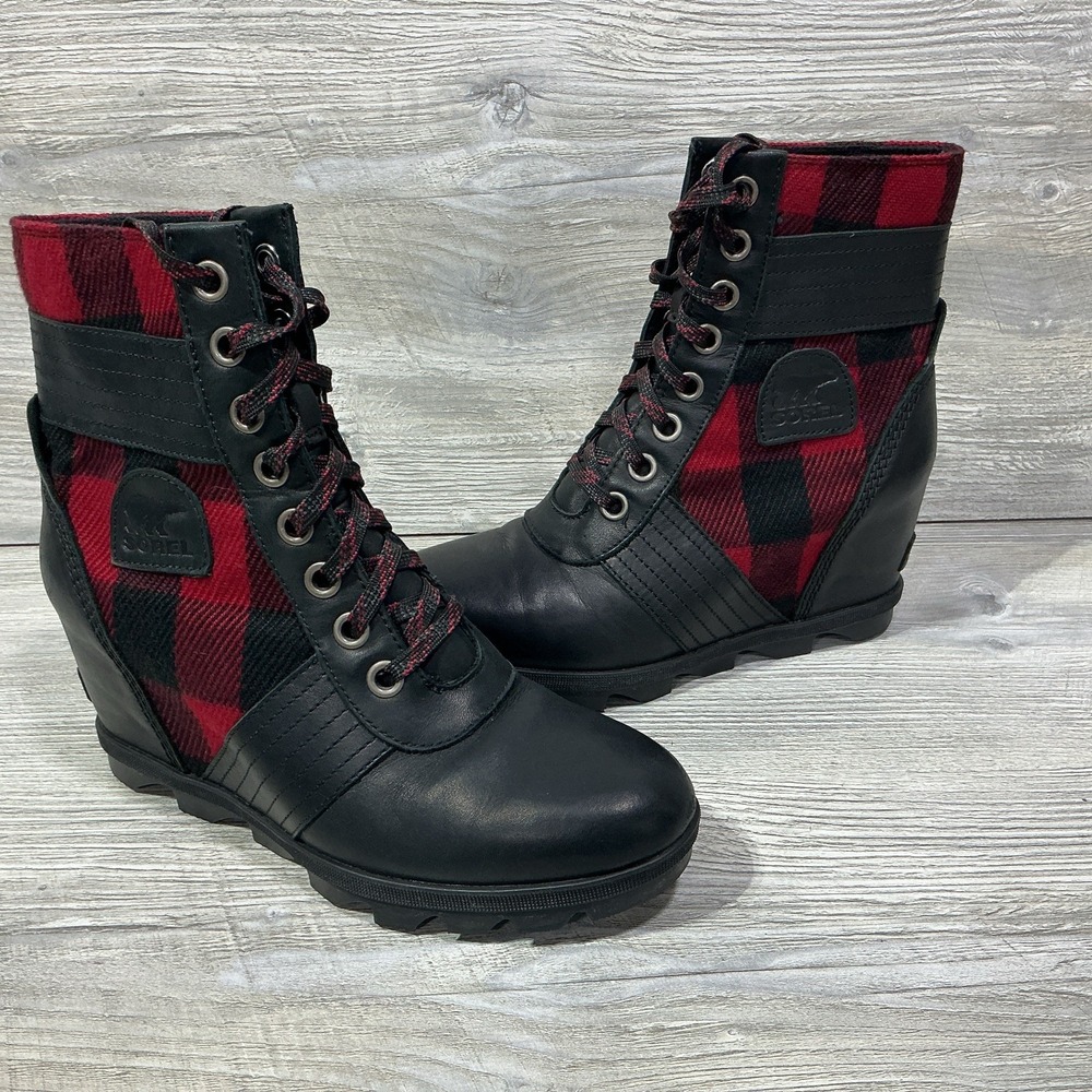 Sorel Lexie Boots Women's Size 9.5 Wedge Leather Red Buffalo Plaid Lace Up